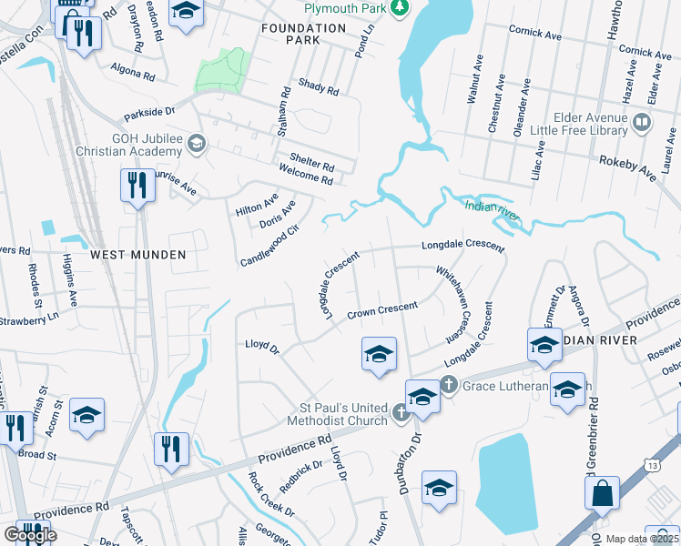 map of restaurants, bars, coffee shops, grocery stores, and more near 433 Longdale Crescent in Chesapeake