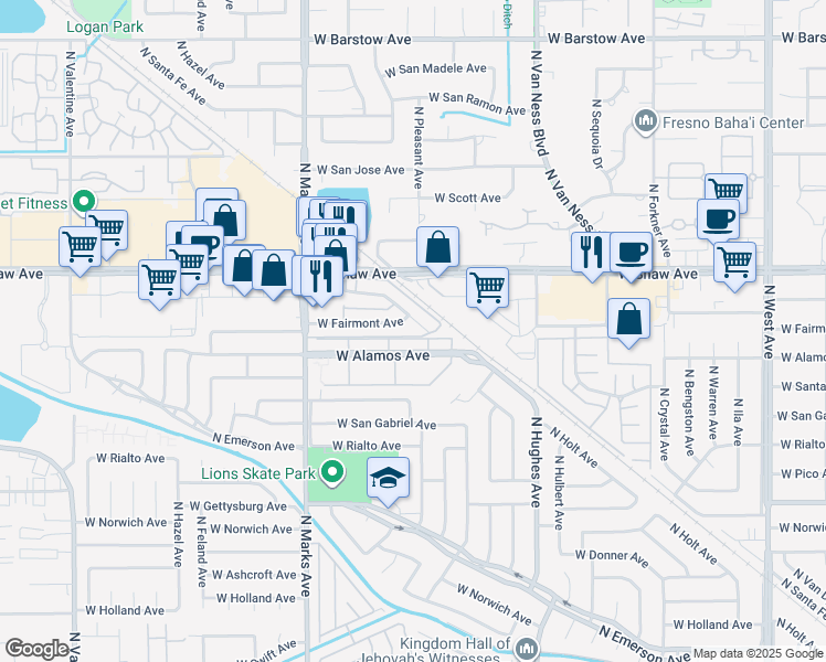 map of restaurants, bars, coffee shops, grocery stores, and more near 4912 North Holt Avenue in Fresno