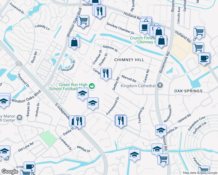 map of restaurants, bars, coffee shops, grocery stores, and more near 904 Chimney Hill Parkway in Virginia Beach