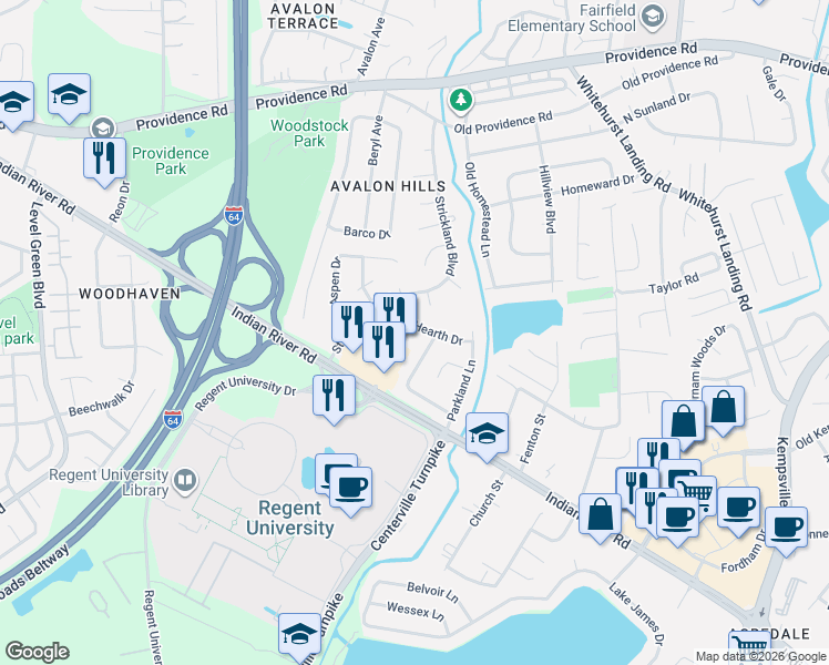 map of restaurants, bars, coffee shops, grocery stores, and more near 5629 Hearth Drive in Virginia Beach