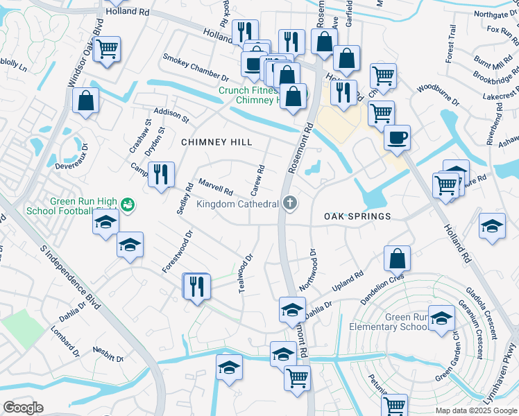 map of restaurants, bars, coffee shops, grocery stores, and more near 3551 Marvell Road in Virginia Beach
