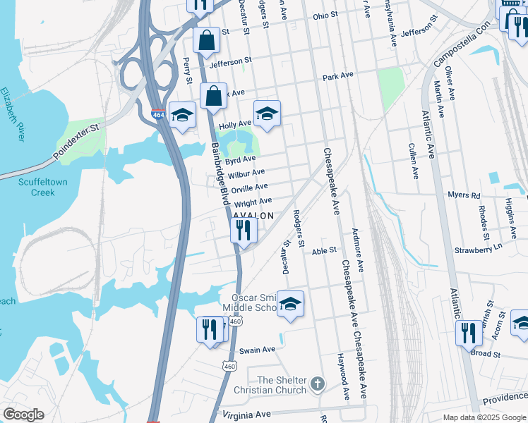 map of restaurants, bars, coffee shops, grocery stores, and more near 1111 Hughes Avenue in Chesapeake