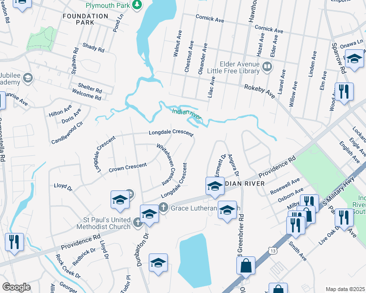 map of restaurants, bars, coffee shops, grocery stores, and more near 513 Whitehaven Court in Chesapeake