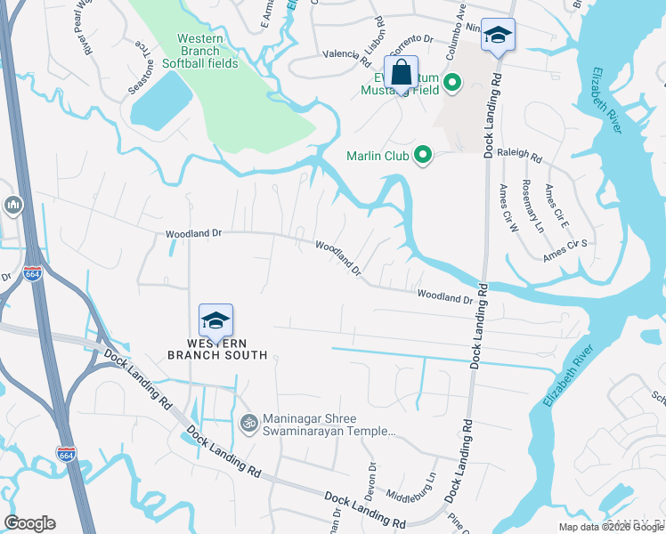 map of restaurants, bars, coffee shops, grocery stores, and more near 4107 Woodland Drive in Chesapeake