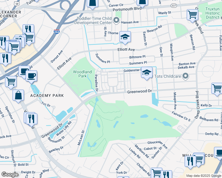 map of restaurants, bars, coffee shops, grocery stores, and more near 213 Goldin Drive in Portsmouth
