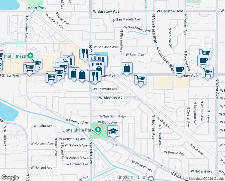 map of restaurants, bars, coffee shops, grocery stores, and more near 2621 West Fairmont Avenue in Fresno