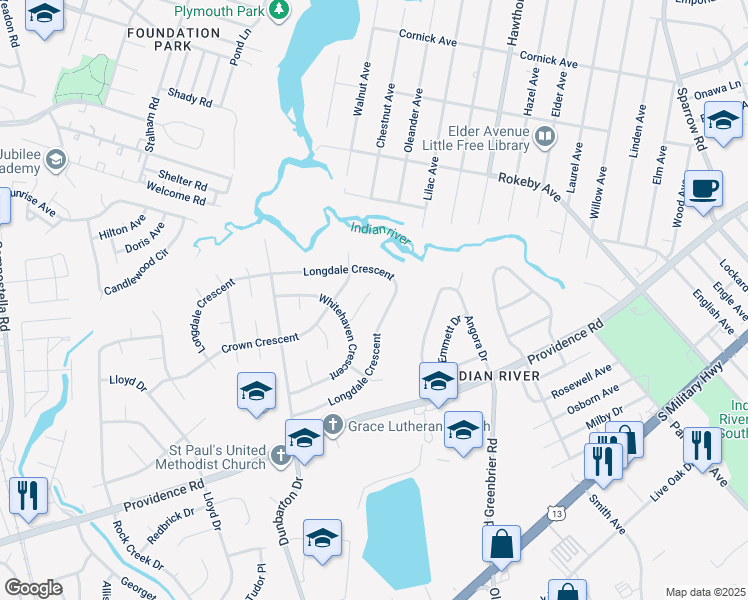 map of restaurants, bars, coffee shops, grocery stores, and more near 513 Whitehaven Court in Chesapeake
