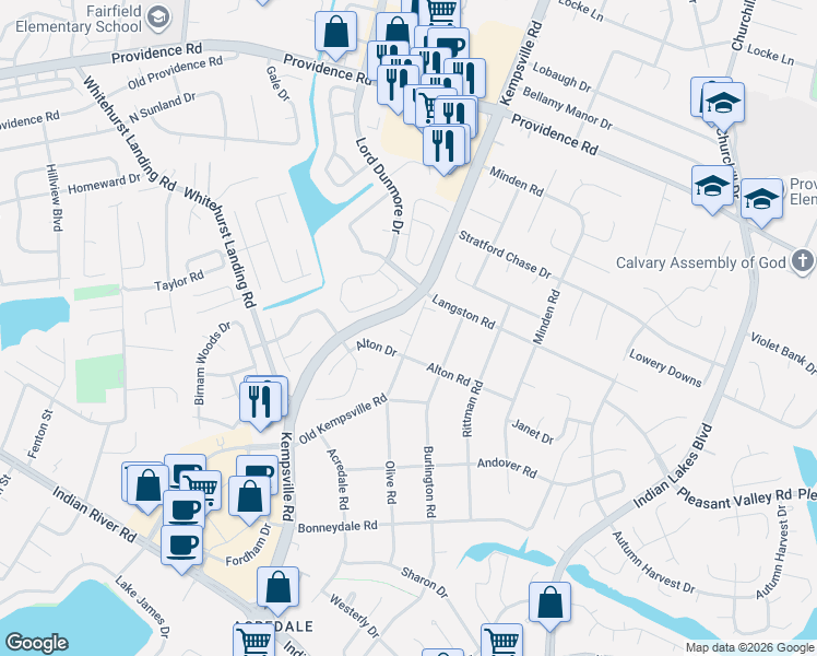 map of restaurants, bars, coffee shops, grocery stores, and more near 1048 Old Kempsville Road in Virginia Beach
