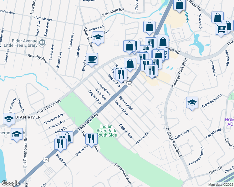 map of restaurants, bars, coffee shops, grocery stores, and more near S Military Hwy & Sparrow Rd in Chesapeake