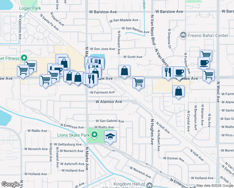 map of restaurants, bars, coffee shops, grocery stores, and more near 4912 North Holt Avenue in Fresno