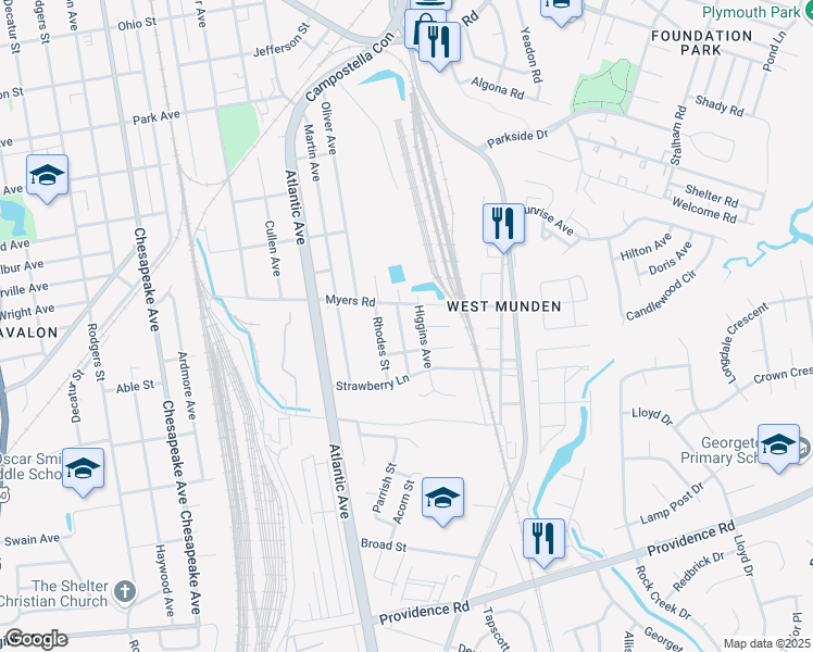 map of restaurants, bars, coffee shops, grocery stores, and more near 1600 Higgins Avenue in Chesapeake