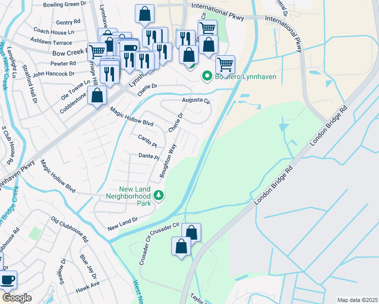 map of restaurants, bars, coffee shops, grocery stores, and more near 2825 Bamberg Place in Virginia Beach