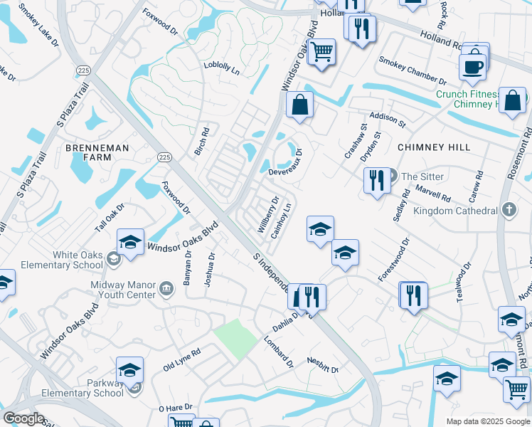 map of restaurants, bars, coffee shops, grocery stores, and more near Windsor Oaks Boulevard in Virginia Beach