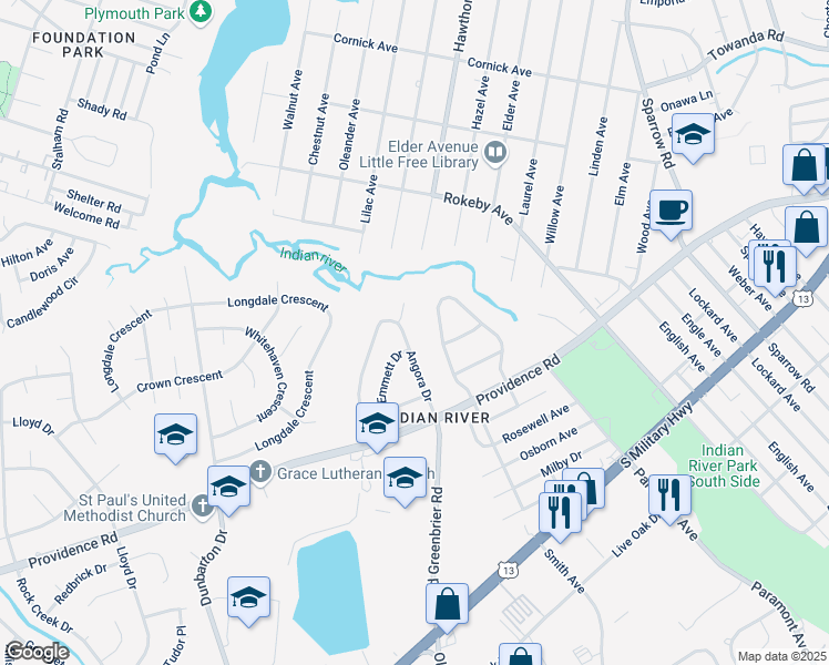 map of restaurants, bars, coffee shops, grocery stores, and more near 1012 Angora Court in Chesapeake