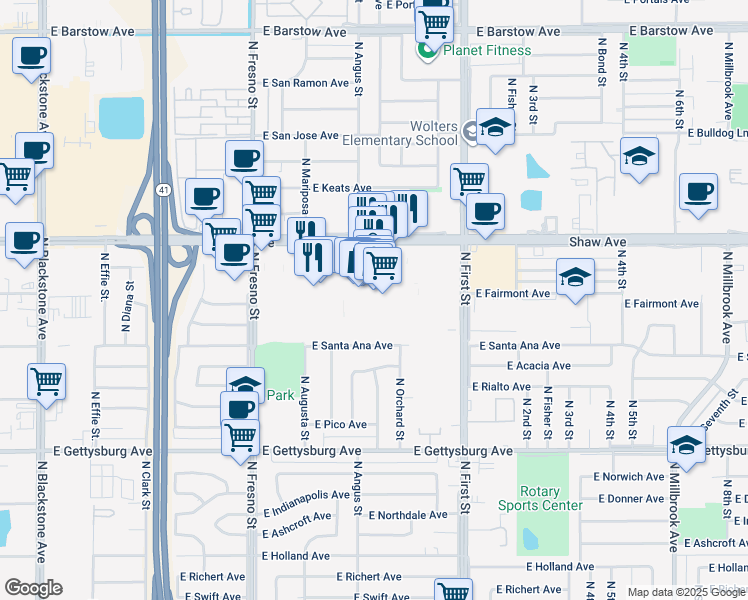 map of restaurants, bars, coffee shops, grocery stores, and more near 619 East Shaw Avenue in Fresno
