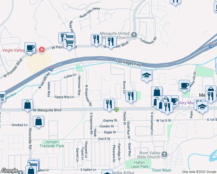 map of restaurants, bars, coffee shops, grocery stores, and more near 261 Sun Valley Drive in Mesquite