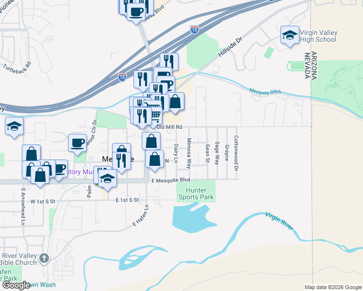 map of restaurants, bars, coffee shops, grocery stores, and more near 401 Honeysuckle Lane in Mesquite