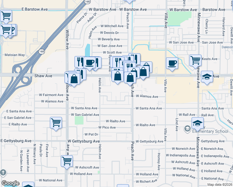 map of restaurants, bars, coffee shops, grocery stores, and more near 580 West Shaw Avenue in Clovis