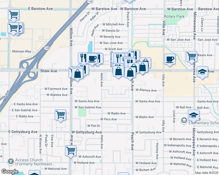 map of restaurants, bars, coffee shops, grocery stores, and more near 580 West Shaw Avenue in Clovis