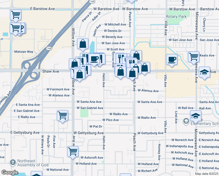 map of restaurants, bars, coffee shops, grocery stores, and more near 2110 Helm Avenue in Clovis