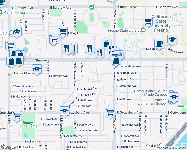 map of restaurants, bars, coffee shops, grocery stores, and more near 4912 North 7th Street in Fresno