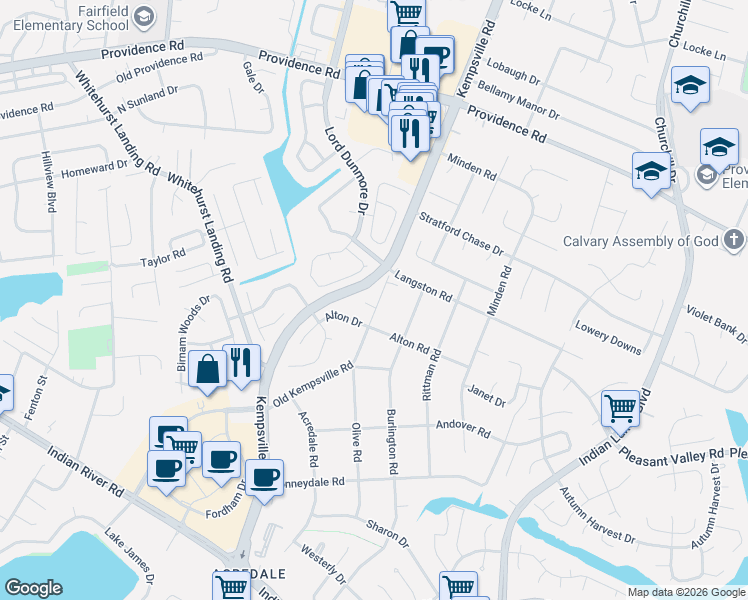 map of restaurants, bars, coffee shops, grocery stores, and more near 1048 Old Kempsville Road in Virginia Beach