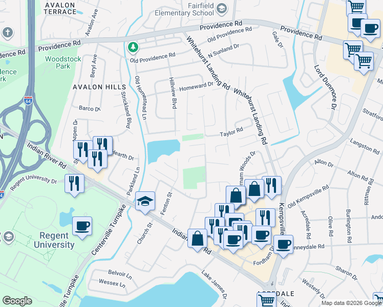 map of restaurants, bars, coffee shops, grocery stores, and more near 5518 Thompkins Court in Virginia Beach
