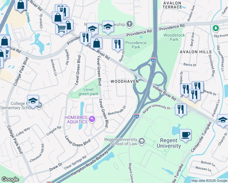 map of restaurants, bars, coffee shops, grocery stores, and more near 1044 Reon Drive in Virginia Beach