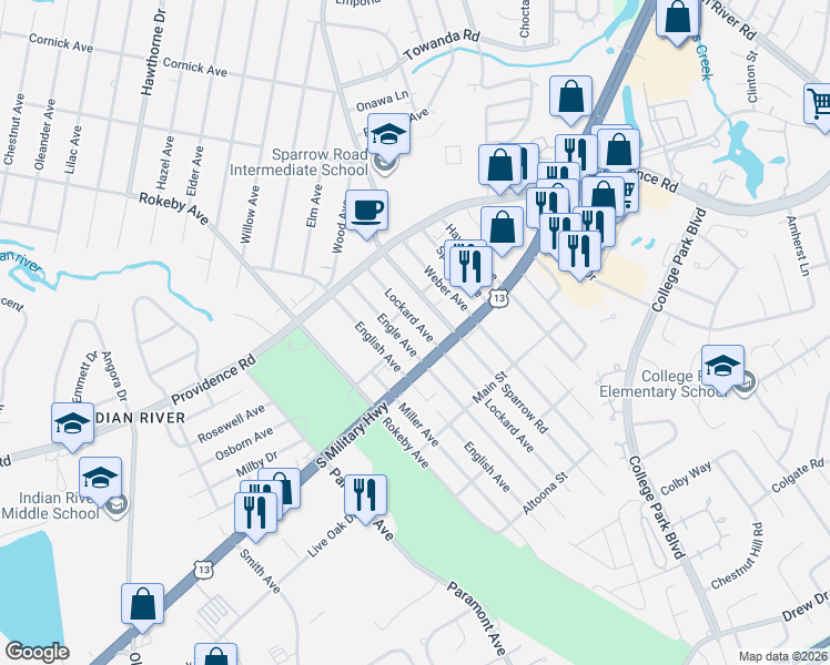 map of restaurants, bars, coffee shops, grocery stores, and more near 1808 Lockard Avenue in Chesapeake