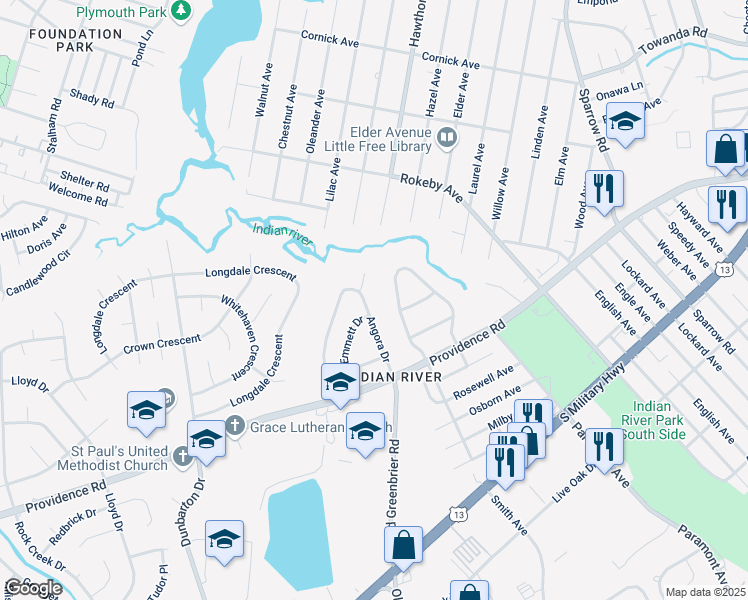 map of restaurants, bars, coffee shops, grocery stores, and more near 1012 Angora Court in Chesapeake