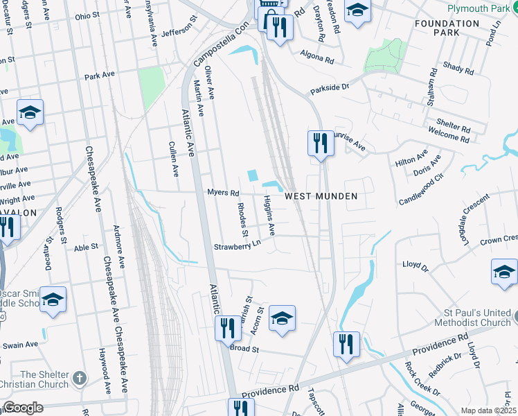 map of restaurants, bars, coffee shops, grocery stores, and more near 1600 Higgins Avenue in Chesapeake