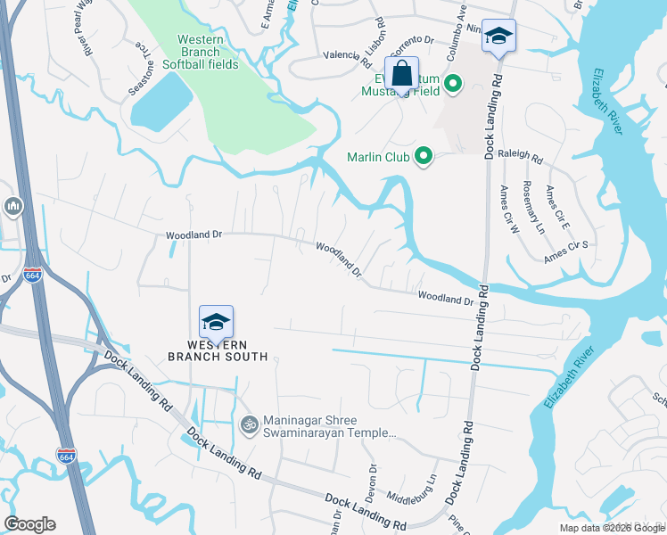 map of restaurants, bars, coffee shops, grocery stores, and more near 4107 Woodland Drive in Chesapeake