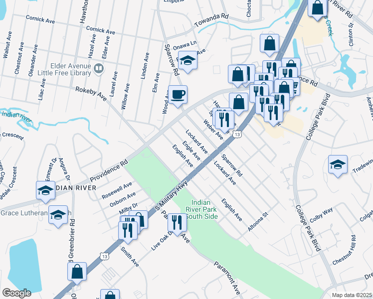 map of restaurants, bars, coffee shops, grocery stores, and more near 1801 Engle Avenue in Chesapeake