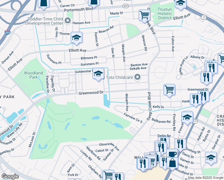 map of restaurants, bars, coffee shops, grocery stores, and more near 2746 Greenwood Drive in Portsmouth