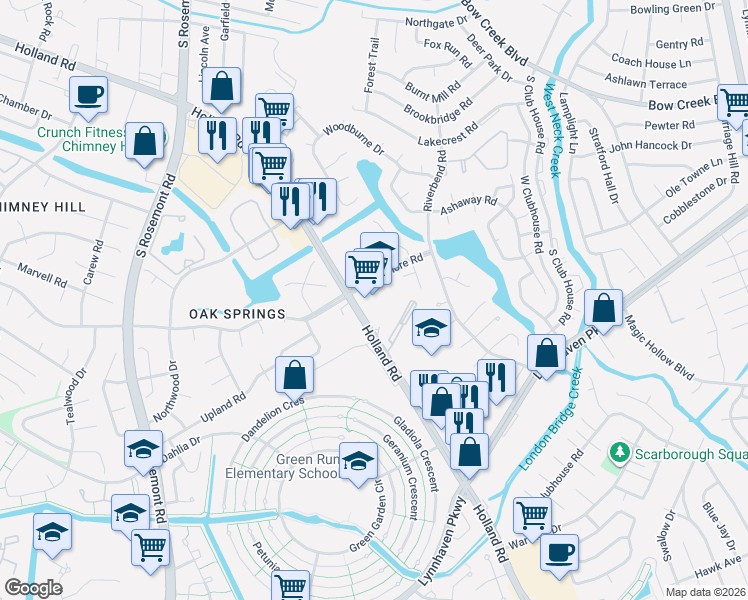 map of restaurants, bars, coffee shops, grocery stores, and more near 3420 Holland Road in Virginia Beach