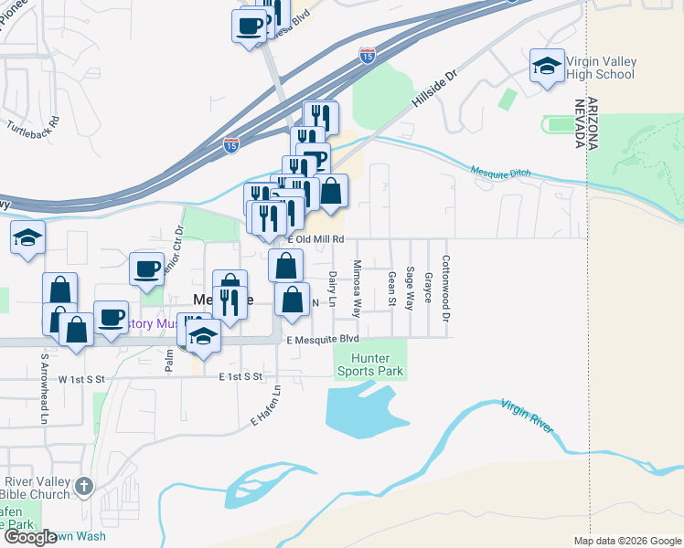 map of restaurants, bars, coffee shops, grocery stores, and more near 401 Honeysuckle Lane in Mesquite