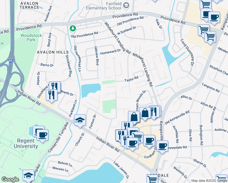 map of restaurants, bars, coffee shops, grocery stores, and more near 1075 Thompkins Lane in Virginia Beach