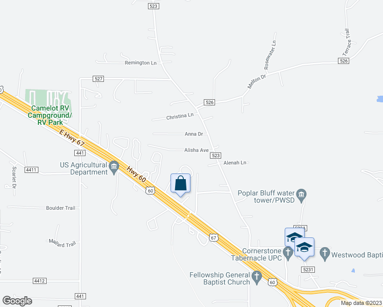 map of restaurants, bars, coffee shops, grocery stores, and more near 130 Alisha Avenue in Poplar Bluff