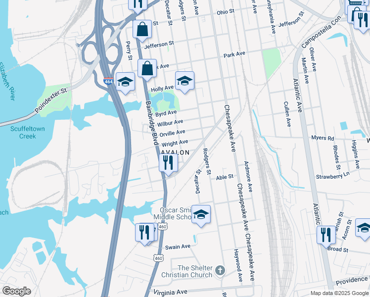 map of restaurants, bars, coffee shops, grocery stores, and more near 840 Wright Avenue in Chesapeake