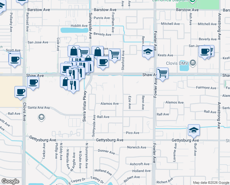 map of restaurants, bars, coffee shops, grocery stores, and more near 2214 Fordham Avenue in Clovis