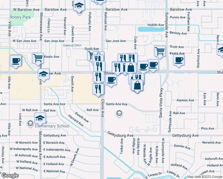 map of restaurants, bars, coffee shops, grocery stores, and more near 900 Shaw Avenue in Clovis