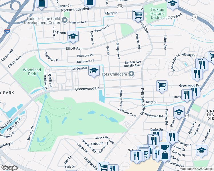 map of restaurants, bars, coffee shops, grocery stores, and more near 2746 Greenwood Drive in Portsmouth
