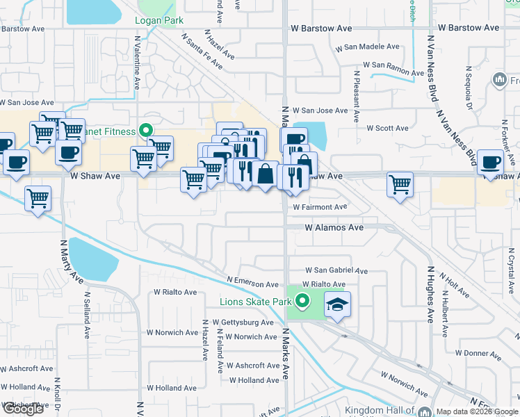 map of restaurants, bars, coffee shops, grocery stores, and more near 3068 West Fairmont Avenue in Fresno