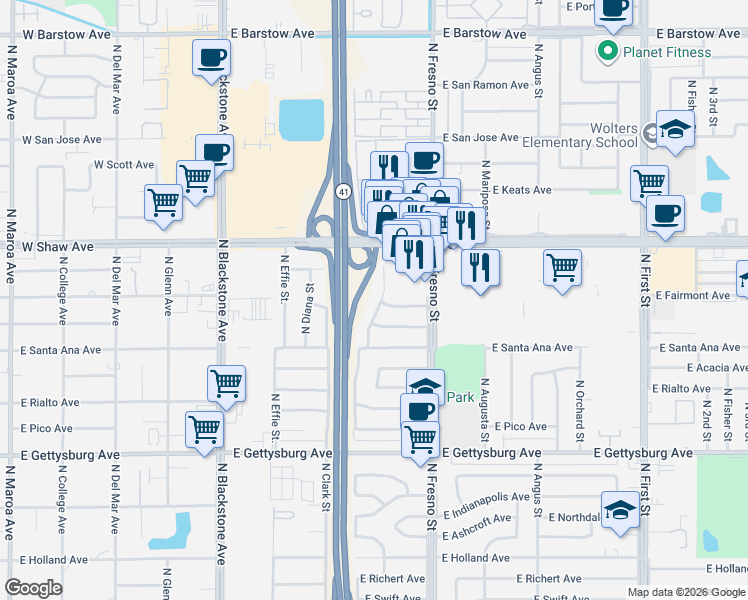 map of restaurants, bars, coffee shops, grocery stores, and more near 4893 N Thesta St in Fresno