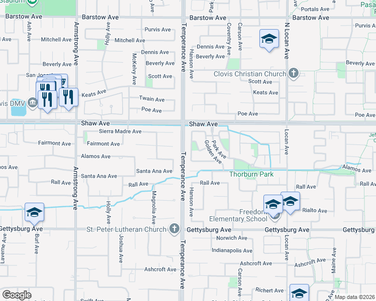 map of restaurants, bars, coffee shops, grocery stores, and more near 2200 Hanson Avenue in Clovis