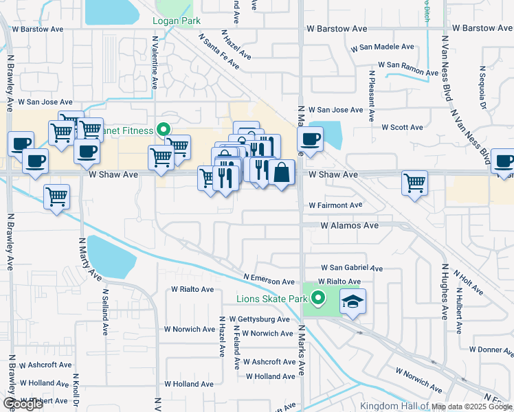 map of restaurants, bars, coffee shops, grocery stores, and more near 3122 West Fairmont Avenue in Fresno