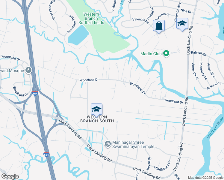 map of restaurants, bars, coffee shops, grocery stores, and more near 4201 Jennell Court in Chesapeake