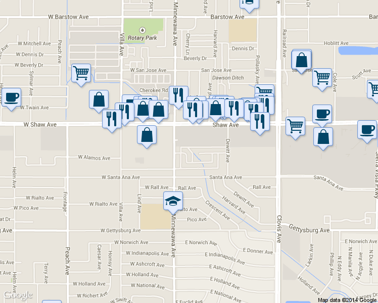 map of restaurants, bars, coffee shops, grocery stores, and more near 143 Fairmont Avenue in Clovis