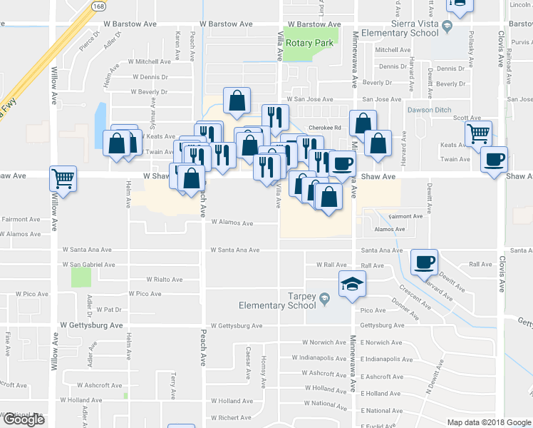 map of restaurants, bars, coffee shops, grocery stores, and more near 275 West Alamos Avenue in Clovis