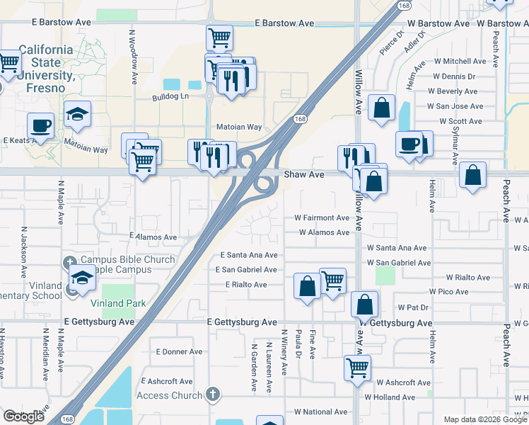 map of restaurants, bars, coffee shops, grocery stores, and more near 4929 North Winery Circle in Fresno